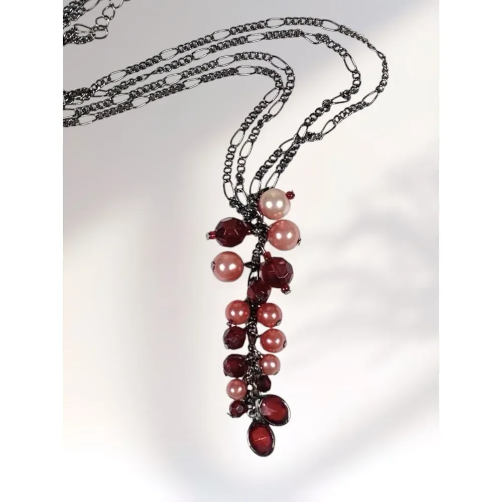 1928 Necklace Red Pink Bead Cluster Y Drop Dangle Metallic Gray 2 Strand Chain